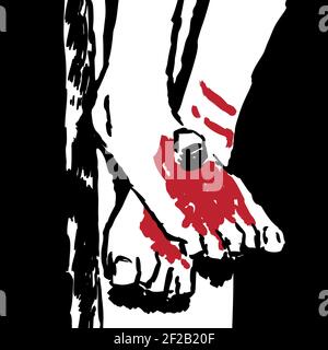 I piedi di Gesù. Gesù Cristo crocifisso sulla croce. Religione cristiana e cattolica. Illustrazione vettoriale Illustrazione Vettoriale