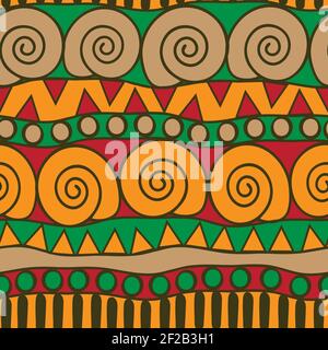 Texture vettoriale senza cuciture con stile africano. Wallpaper design reggae con colori verde e giallo. Tessuto tribale di moda. Illustrazione Vettoriale