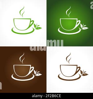 Logo dell'azienda del tè. Il logotipo con foglie di tè per le case del tè e caffè. Emblema di branding in stile tradizionale. Modello di impostazione delle icone della coppa vettoriale. WIT. Foglia Illustrazione Vettoriale