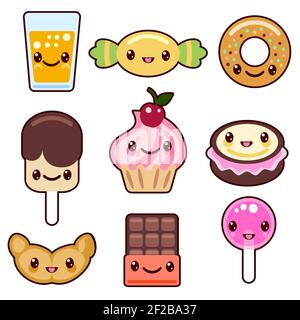 Caramelle kawaii cibo personaggi. Dolce design, dolce cartone animato sorriso, set, illustrazione vettoriale Illustrazione Vettoriale