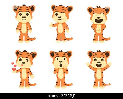 Impostare i cubetti della tigre cartoon. Illustrazione vettoriale raccolta di personaggi cartoni animati cute tigre cubi isolati su sfondo bianco. Illustrazione Vettoriale