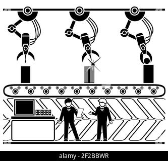 Linea di trasportatori per la produzione robotica. Macchina meccanica, produzione e impianto, lavorazione idraulica automatica. Illustrazione vettoriale Illustrazione Vettoriale