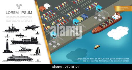 Concetto di trasporto piano con caricamento di contenitori sulla nave da carico al porto e sagome del faro boa vettore navi diverse illustrazione Illustrazione Vettoriale