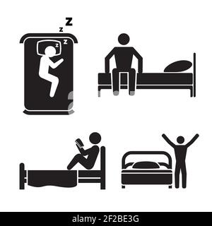 Icone persona nel letto. Segnali di sonno dell'hotel. Sveglia, divano letto per persona, camera da letto nera. Illustrazione vettoriale Illustrazione Vettoriale
