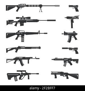 Insieme vettoriale di icone pistole. Armi, esercito e armi da fuoco, illustrazione automatica e pericolo Illustrazione Vettoriale
