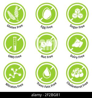 Adesivi per prodotti privi di allergeni. Senza glutine e senza dairyfree, senza glutine e senza lattosefree. Illustrazione vettoriale Illustrazione Vettoriale