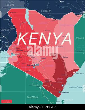 Paese del Kenya Mappa dettagliata modificabile con regioni città e città, strade e ferrovie, siti geografici. File vettoriale EPS-10 Illustrazione Vettoriale