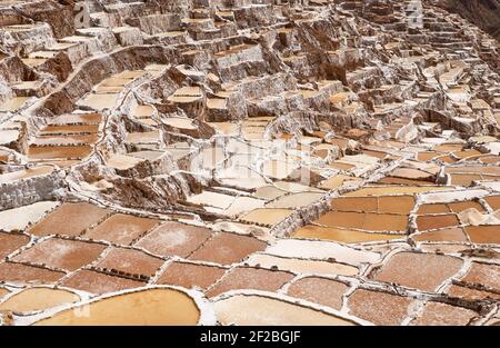 Saline Inca di Maras, saline terrazzate e saline di Pichingoto, Salineras de Maras, Valle Sacra degli Incas, Urubamba vicino Cusco, Perù Foto Stock