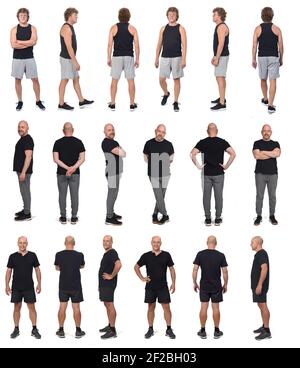 adulti uomini in abbigliamento sportivo viso, profilo e schiena in piedi su sfondo bianco Foto Stock