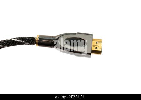 Connettore per cavo HDMI con estremità dorata su sfondo bianco Foto Stock