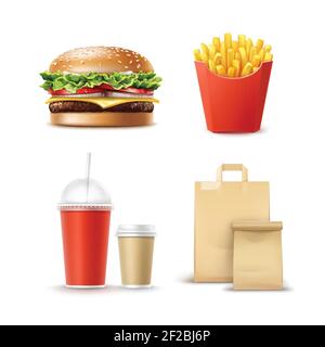 Vector Fast Food Set di patate hamburger classico realistiche French Fries in Red Package Box Coppe in cartone vuoto per Caffè bevande analcoliche con S Illustrazione Vettoriale