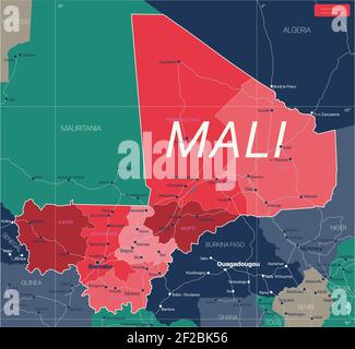 Paese Mali Mappa dettagliata modificabile con regioni città e città, strade e ferrovie, siti geografici. File vettoriale EPS-10 Illustrazione Vettoriale