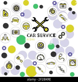 Collezione di icone della linea di servizio auto con chiavi per auto a motore ingranaggi e parti automobilistiche in cerchi illustrazione vettoriale Illustrazione Vettoriale