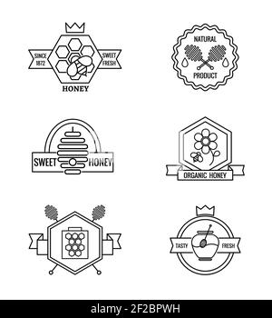 Badge vettoriali, etichette e logo per apicoltura e apicoltura. Cibo dolce, insetto e cellula, nido d'ape e fiore, illustrazione vettoriale Illustrazione Vettoriale