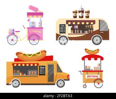 Set di attrezzature per il trasporto di cibo e cibo veloce. Gelato e caffè, hot dog e salsiccia, chiosco portatile, mercato vetrina, illustrazione vettoriale Illustrazione Vettoriale