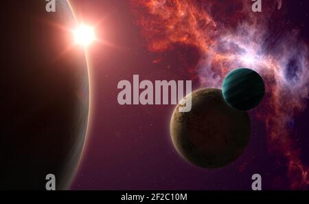 Pianeti di spazio profondo. Carta da parati astratta, paesaggio cosmico. Galassia e nebulosa in uno spazio profondo esterno. Elementi di questa immagine forniti dalla NASA. Foto Stock