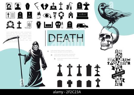 Composizione di elementi morti piatti con grim reaper cimitero croci sagome corvo seduto sul teschio funerale e sepoltura icone illustrazione vettoriale Illustrazione Vettoriale