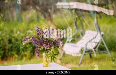 Bouquet di fiori estivi all'aperto su sfondo swing giardino. Fiori di lupino a foglia grande o bigleaf. Piante di Lupinus polifyllus. Foto Stock