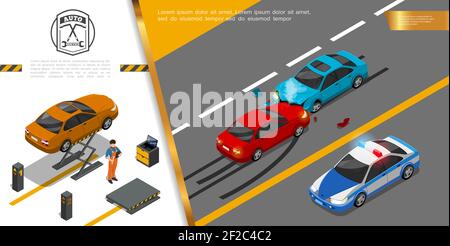 Concetto di servizio di riparazione auto isometrica con incidente d'auto e meccanico in piedi vicino all'automobile sull'illustrazione vettoriale dell'apparecchiatura di sollevamento Illustrazione Vettoriale