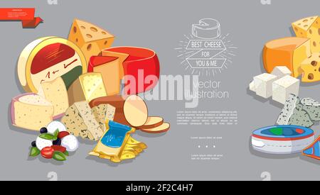 Cartoon prodotti caseari freschi modello con diversi tipi di formaggio nella confezione e senza essa illustrazione vettoriale Illustrazione Vettoriale