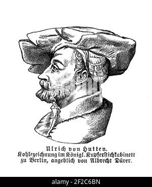 Ritratto di Ulrich von Hutten (1488 - 1523), satitista, poeta, umanista, cavaliere imperiale e sostenitore di Lutero, incisione di Albrecht Duerer. Foto Stock