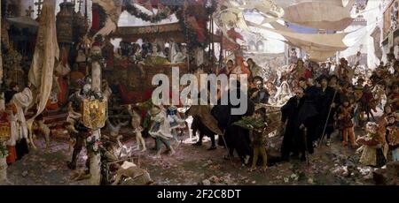 Francisco Pradilla y Ortiz - Cortejo del bautizo del Príncipe Don Juan, hijo de los Reyes Católicos, por las calles de Sevilla. Foto Stock