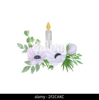 Fiori di anemone bianco, candela, foglie verdi decorazione floreale disegno a mano di stile vintage illustrazione acquerello per biglietto di auguri, banner, Foto Stock