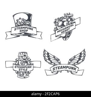 steampunk set emblemi isolati con alette meccaniche stile di schizzo del cuore barre multifunzione con testo Illustrazione Vettoriale