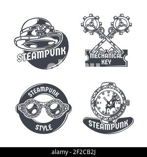 steampunk set con quattro emblemi isolati testo modificabile immagini varie elementi Illustrazione Vettoriale