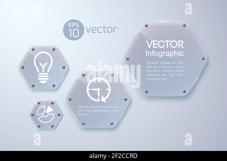 Concetto web infografico con icone bianche e esagoni in vetro su immagine vettoriale con sfondo grigio Illustrazione Vettoriale
