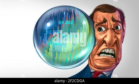 Pericolo di bolla economica e scoppio finanziario o come una speculazione di affari del mercato azionario con un concetto del venditore corto del businessman. Foto Stock