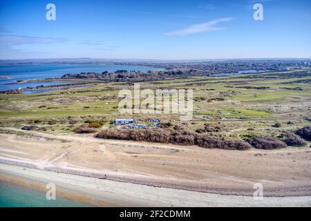 Vista aerea del campo da golf Hayling Island a Links Sulla punta occidentale di Hayling Island e vicino a. L'entrata del mare al Porto di Langston con il Th Foto Stock