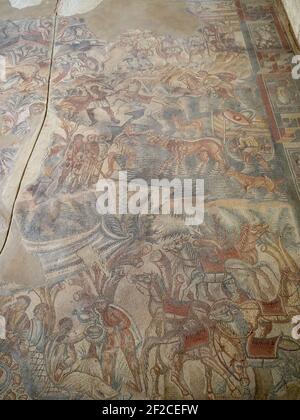 Scena di caccia mosaico, villa romana del Tellaro Foto Stock