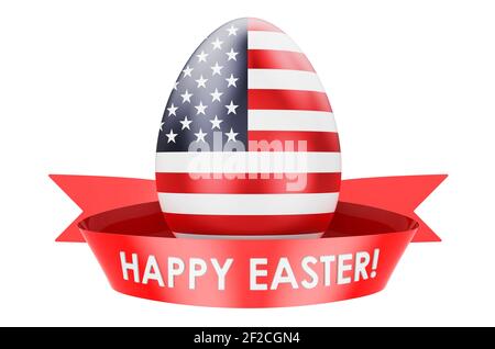 Uovo di Pasqua con la bandiera degli Stati Uniti. Buona Pasqua negli Stati Uniti Concept, rendering 3D isolato su sfondo bianco Foto Stock