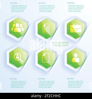 Concetto astratto infografico aziendale con icone di testo e sei lucidi esagoni verdi sull'illustrazione vettoriale di sfondo chiaro Illustrazione Vettoriale