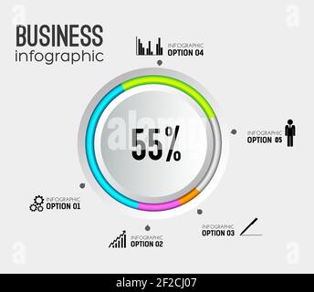 Infografiche astratte sul web con pulsante grigio rotondo colorato settore edging icone e cinque opzioni illustrazione vettoriale Illustrazione Vettoriale