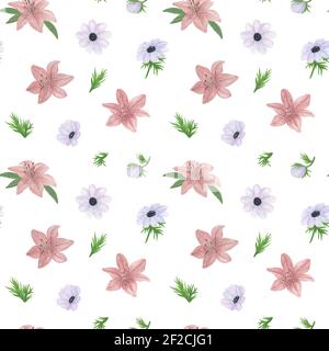 Fiore giglio di delicato colore rosa crepuscolo, anemoni bianchi, foglie motivo senza giunture, illustrazione acquerello disegnata a mano semplice disegno per San Valentino Foto Stock