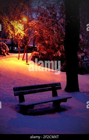 Panca solitaria in un tranquillo parco invernale innevato nel Città slovacca di Myjava in serata Foto Stock Panca solitaria in un tranquillo parco invernale innevato nel Città slovacca di Myjava in serata Foto Stock