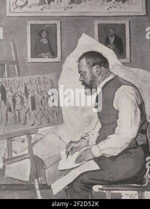 Portrait des Malers Ferdinand Hodler, von Emil Orlik, 1911. Foto Stock