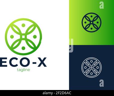 Elementi del modello di icona del logo Letter X eco Leaves. Lettera X con foglie verdi. Elementi del modello di progettazione vettoriale per applicazioni ecologiche o co Illustrazione Vettoriale