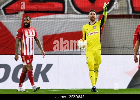 PIREO, GRECIA - MARZO 12: Portiere Jose SA di Olympiacos durante le Olimpiacos contro Arsenal - UEFA Europa League Round of 16 tappa uno partita tra Olympiacos FC e Arsenal FC a Georgios Karaiskakisstadion il 12 marzo 2021 a Pireo, Grecia (Foto di Eurokinissie/Orange Pictures) Credit: Orange Pics BV/Alamy Live News Foto Stock