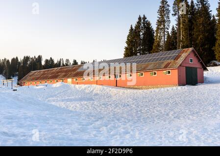 Pannelli solari sul tetto di un fienile in un campo innevato in montagna al tramonto Foto Stock