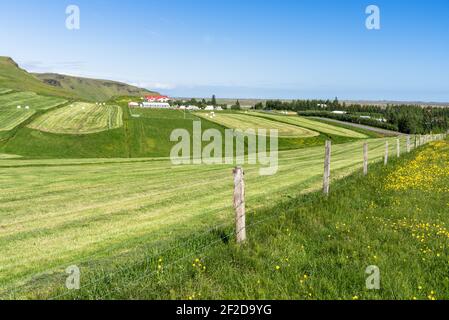 Fattoria edifici in un campo erboso recintato su un soleggiato giorno d'estate Foto Stock