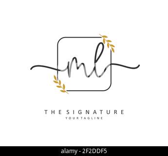 FIRMA e scrittura a mano DELLA lettera INIZIALE DI ML. Un logo iniziale di calligrafia concettuale con elemento modello. Illustrazione Vettoriale