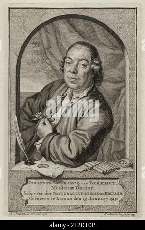 Portret ten halten lijve van Johannes le Francq van Berkhey, in een architectonische omlijsting, zijn linkerarm rustend op een plint. Daaronder een leeg veld voor zijn naam. Op de plint een , Foto Stock