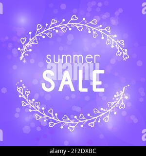 Illustrazione vettoriale con cornice floreale disegnata a mano, sfondo astratto e iscrizione Estate sale. Illustrazione Vettoriale