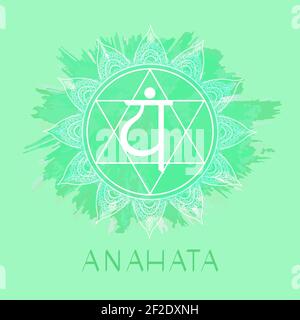 Illustrazione vettoriale con il simbolo Anahata - chakra del cuore su sfondo acquerello. Cerchio modello mandala e scritta disegnata a mano. Colorato. Illustrazione Vettoriale