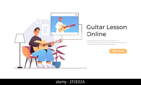 uomo che suona la chitarra con insegnante nella finestra del browser web durante conferenza virtuale lezione di musica online concetto orizzontale copia spazio vettore illustrazione Illustrazione Vettoriale