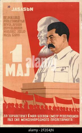 Manifesto dell'Azerbaigian 1938. Stalin, Lenin. Foto Stock