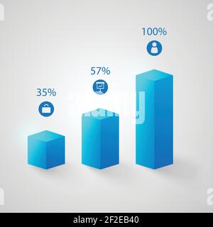 Modello di infografica aziendale con colonne blu 3d, icone a tre fasi e percentuale di dati vettoriali isolati Illustrazione Vettoriale